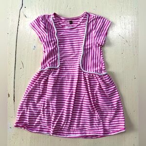Tea collection short sleeved dress pink and white striped  w:Pom Poms; size 4